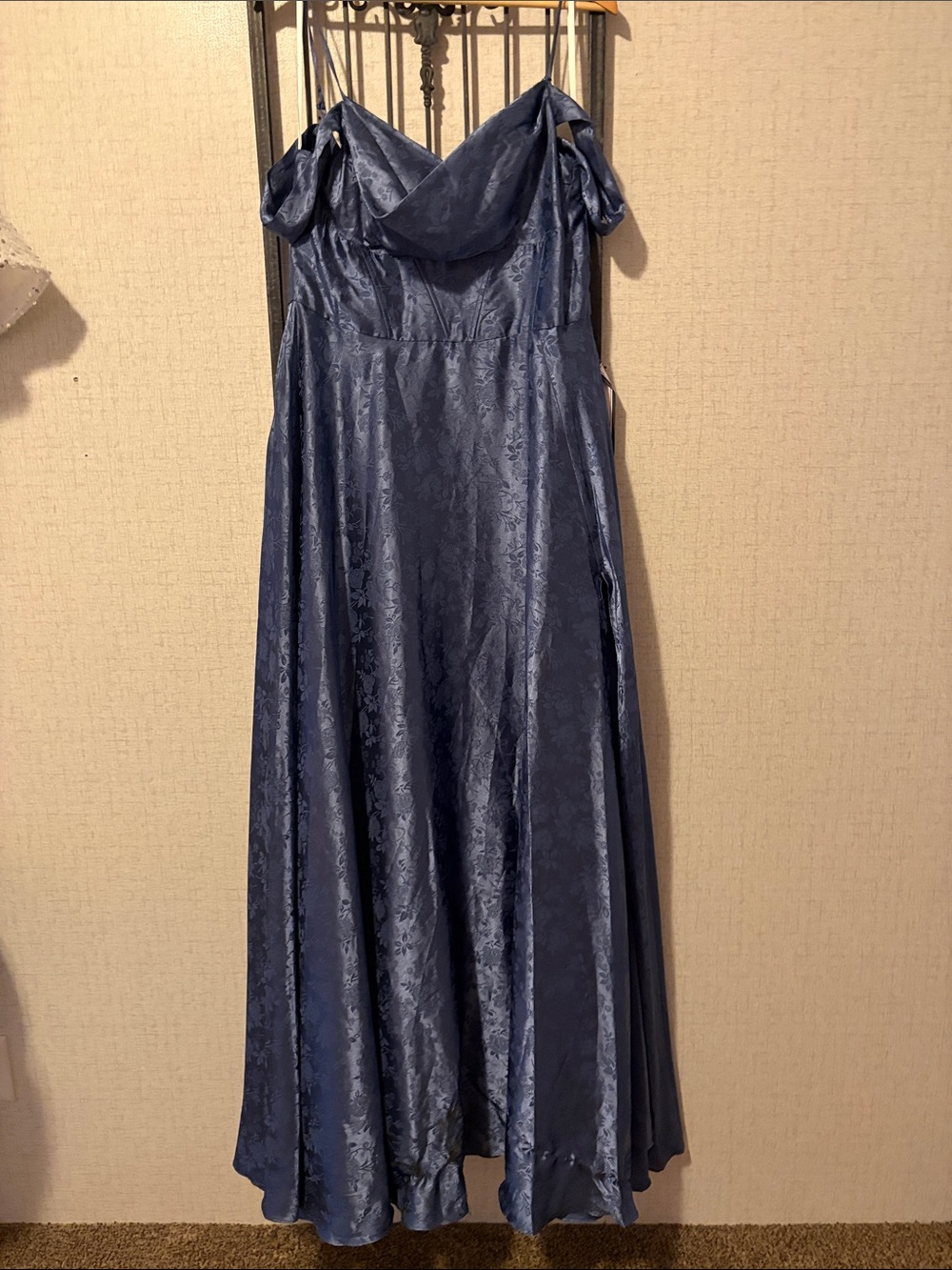 B Darlin Midnight Blue Satin Maxi Dress with Cowl Neck